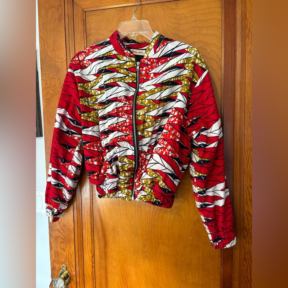 Vibrant Red and Yellow Patterned Bomber Jacket